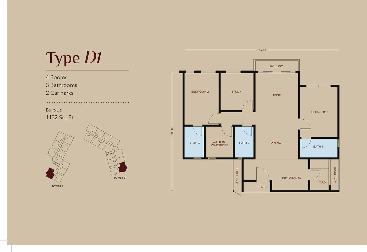 Residensi Bayu Damai Type D1 official floor plan, 1132 sq ft, 4 rooms 3 bathrooms