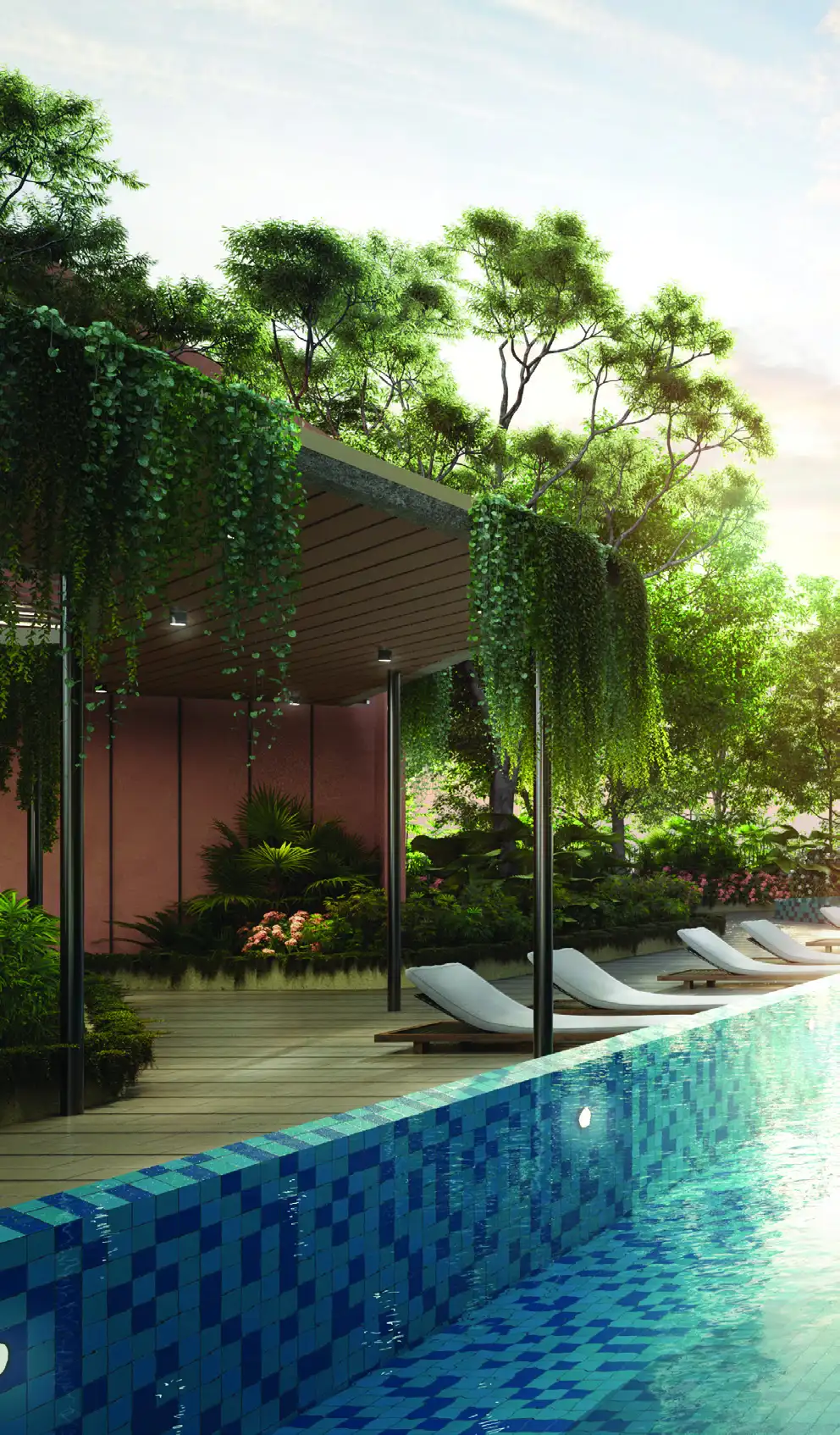 Residensi Bayu Damai pool deck official render with canopy roof and greenery